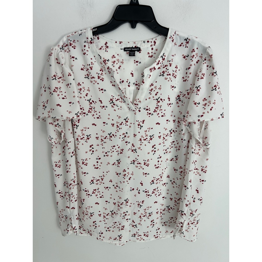 Hilary Radley Women XXL Floral V-Neck Flutter Sleeve Blouse White‎ Burgundy